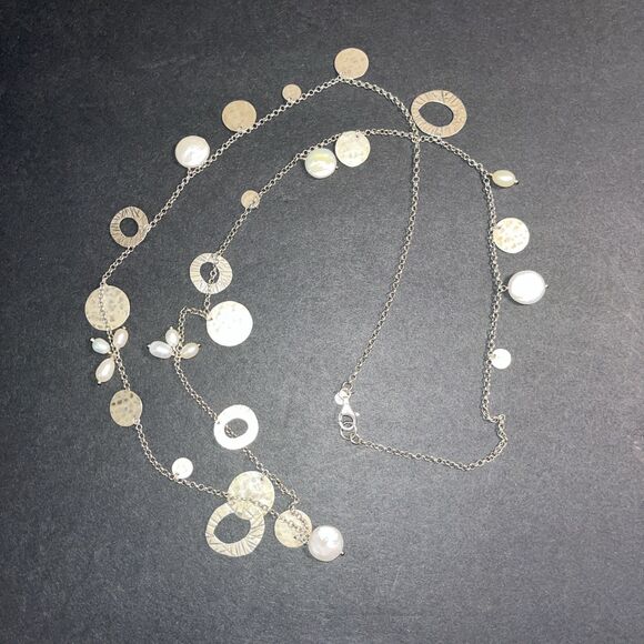 SILPADA 925 Sterling Silver Pearl Of Girl Disc Charm Necklace 36"  Box & Cloth - Picture 2 of 5